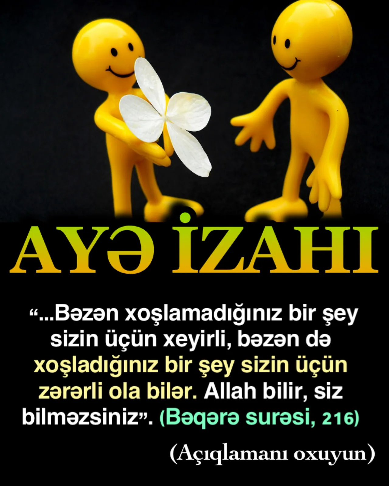 Allah bu ayədə bəzən insanın özü üçün çox xeyirli və gözəl olacağını düşündüyü hadisənin