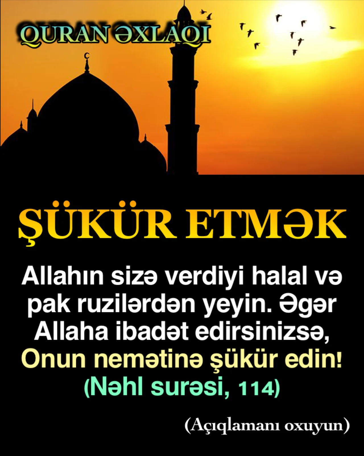 Şükür etmək, verilən hər bir nemətə görə dil və qəlblə Allaha olan minnət və təşəkkürünü ifadə
